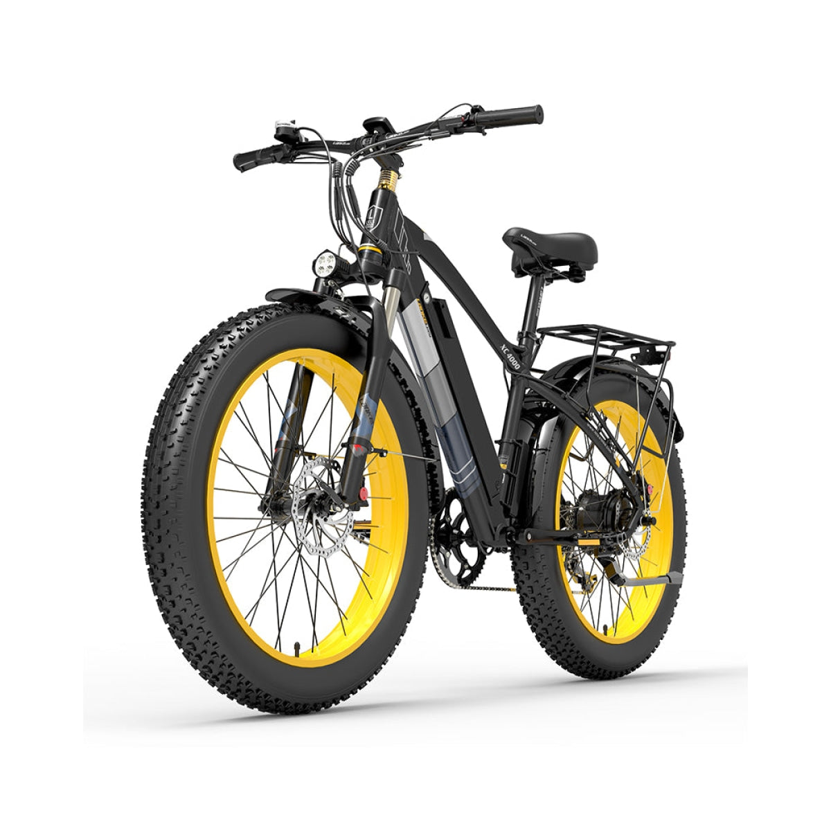 Yellow LANKELEISI XC4000 electric mountain fat tire bike with large tires and sturdy frame, ready for off-road adventure.
