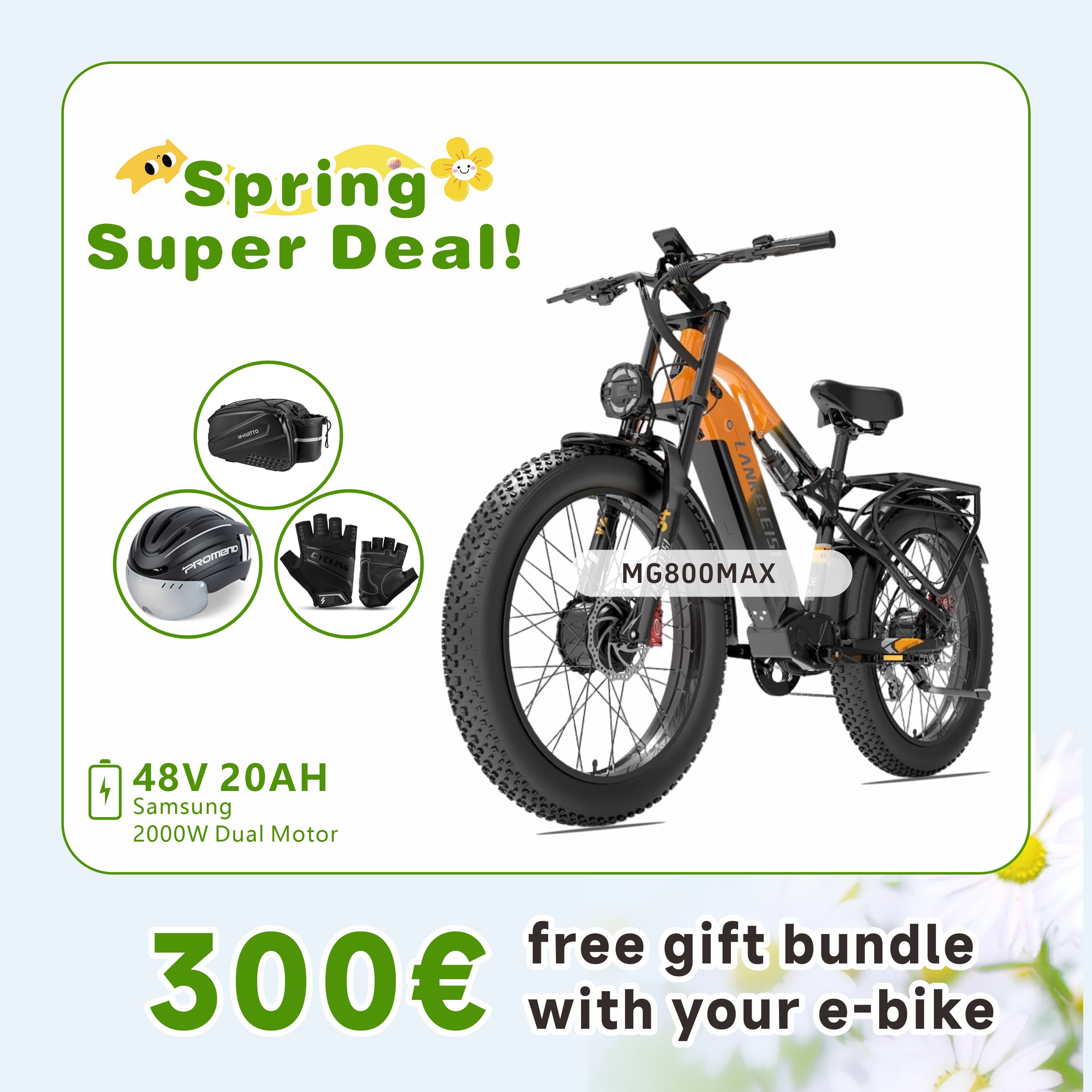 LANKELEISI MG800Max 2000W Dual Motor 26″ Fat Tires All Terrain Electric Bike